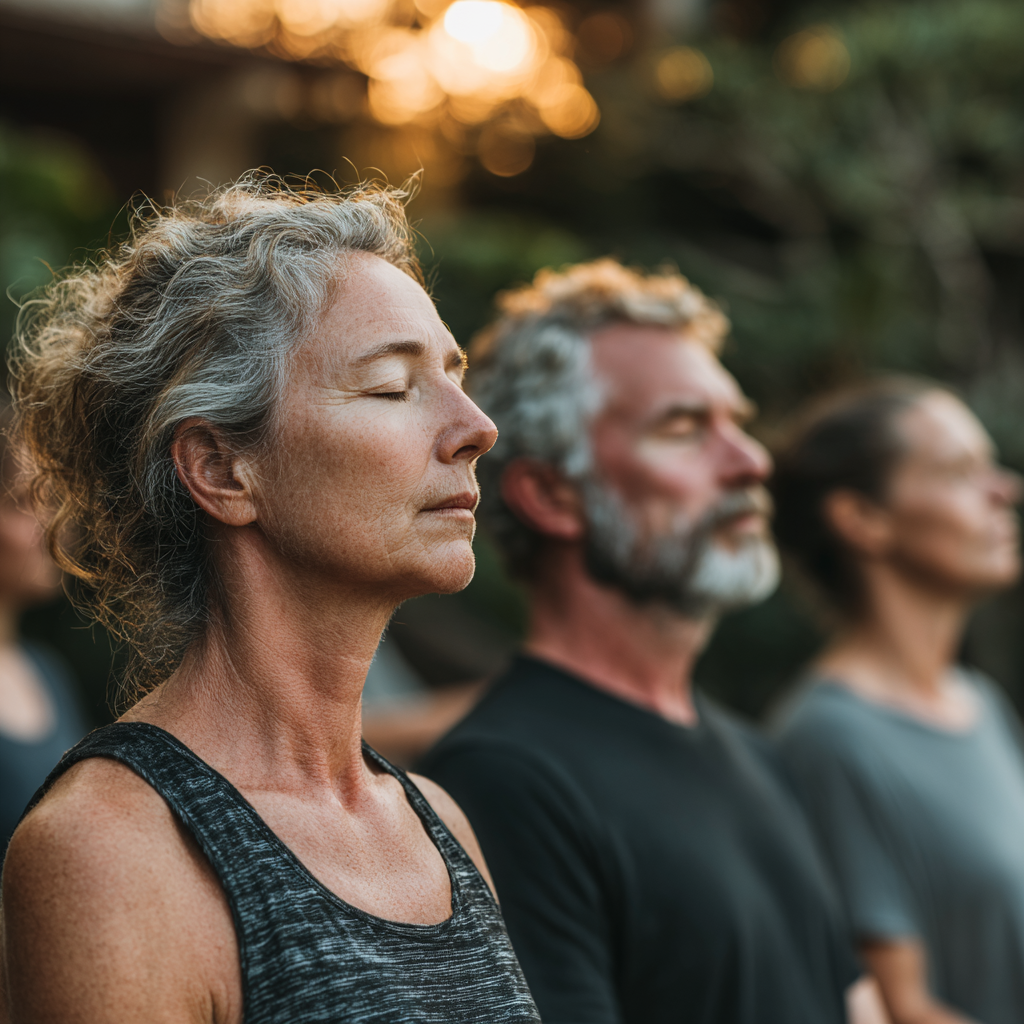 Group of middle-aged adults aged 45-55 in comfortable athletic wear sitting in meditation circle outdoors, eyes closed in peaceful concentration, with natural lighting and serene garden background creating harmonious atmosphere