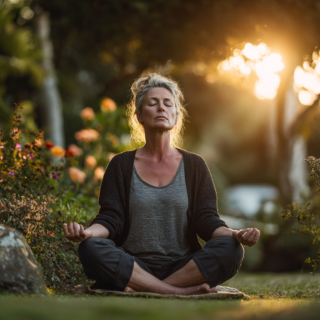 Mature woman in her late forties practicing yoga in a peaceful outdoor setting, sitting in lotus position with eyes closed in meditation, surrounded by natural greenery and soft morning light